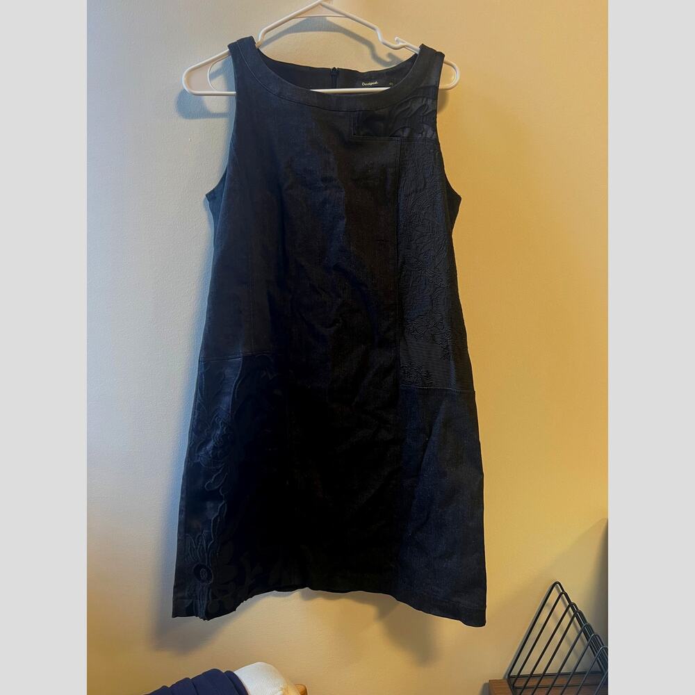 Desigual Black Denim Stretch Shift Dress With Lace Detailing Sz 40 US SIZE 8